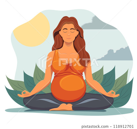 pregnant young woman sitting in yoga pose and meditating cartoon vector illustration pregnant young woman sitting in yoga pose and meditating cartoon vector illustration 118912701