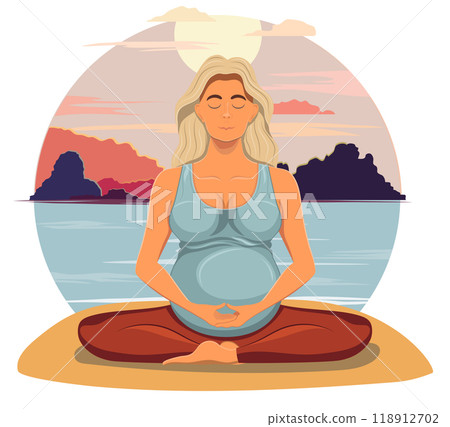 pregnant young woman sitting in yoga pose and meditating cartoon vector illustration pregnant young woman sitting in yoga pose and meditating cartoon vector illustration 118912702