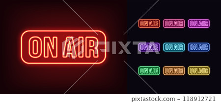 Outline neon On Air text, icon set. Glowing neon On Air sign with frame. Broadcast music radio, tv show and podcast. Online sport game stream, live play. News on air, live interview. Vector icons Outline neon On Air text, icon set. Glowing neon On Air sign with frame. Broadcast music radio, tv show and podcast. Online sport game stream, live play. News on air, live interview. Vector icons 118912721