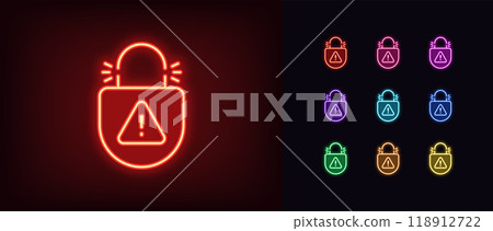 Outline neon lock picking icon set. Glowing neon broken lock with danger warning, destroyed digital protection. Security hacking, cyber attack guard, hacked protection of private data. Vector icons Outline neon lock picking icon set. Glowing neon broken lock with danger warning, destroyed digital protection. Security hacking, cyber attack guard, hacked protection of private data. Vector icons 118912722