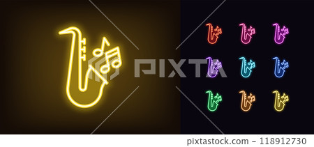 Outline neon jazz music icon set. Glowing neon saxophone with musical notes. Jazz retro party, live classical music, musical festival and jazz show, golden sax melody play, music concert. Vector icons 118912730