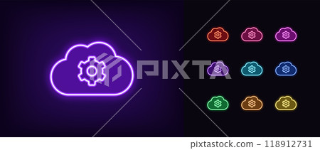 Outline neon cloud settings, icon set. Glowing neon cloud storage with gear sign, datacenter maintenance. Customize cloud space, data backup and security settings update, network control. Vector icons 118912731