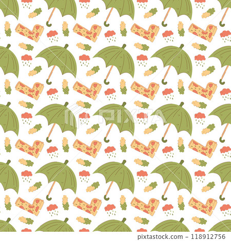 Seamless pattern with an umbrella, yellow rubber boots and clouds. Suitable for wrapping paper. 118912756