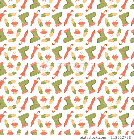 Seamless pattern with an umbrella, green rubber boots and clouds. Suitable for wrapping paper. Seamless pattern with an umbrella, green rubber boots and clouds. Suitable for wrapping paper. 118912758