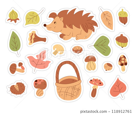 A set of stickers with a cute hedgehog, mushrooms, nuts and leaves. Color flat vector illustration. A set of stickers with a cute hedgehog, mushrooms, nuts and leaves. Color flat vector illustration. 118912761