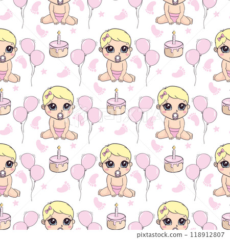 Children's seamless pattern with cute baby in Scandinavian style. 118912807