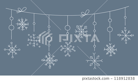 Christmas garland with snowflakes hanging on a rope. Doodle vector vector clipart illustration. 118912838