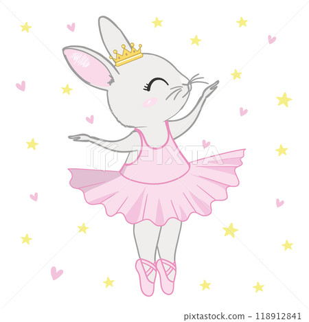 Cute cartoon ballet dancer bunny. Little rabbit character dancing in pink tutu. Kawaii simple vector drawing, clip art illustration. 118912841
