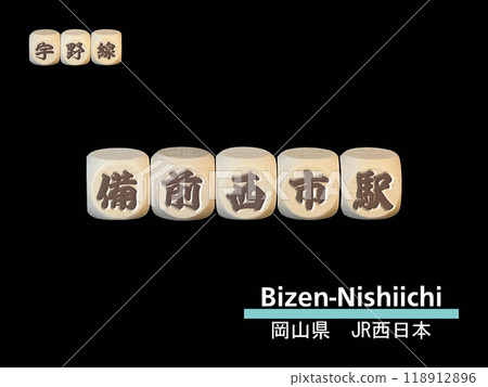 黑色背景前放置的站名塊“備前西市站” 黑色背景前放置的站名塊“備前西市站” 118912896