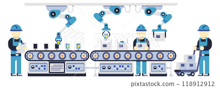 Factory conveyor belt. Workers on production line concept 118912912