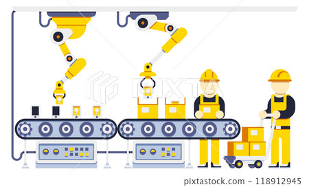 Conveyor belt with working engineers. Factory line concept Conveyor belt with working engineers. Factory line concept 118912945
