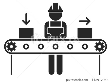 Factory workman on conveyor black icon. Production line Factory workman on conveyor black icon. Production line 118912958