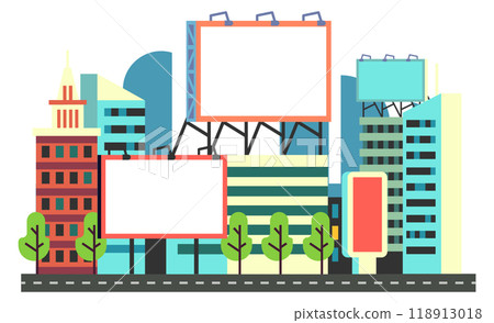 Urban street. Flat color buildings with empty billboards template 118913018