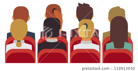 People sit in red chairs back view. Audience 118913030