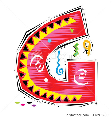 A decorative letter G in a Fiesta style with red, pink lines, and yellow accents A decorative letter G in a Fiesta style with red, pink lines, and yellow accents 118913106