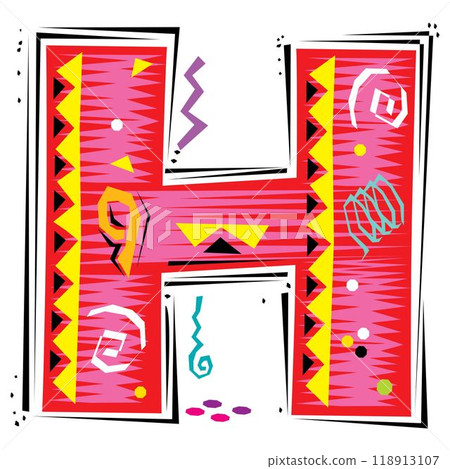A decorative letter H in a Fiesta style with red, pink lines, and yellow accents A decorative letter H in a Fiesta style with red, pink lines, and yellow accents 118913107