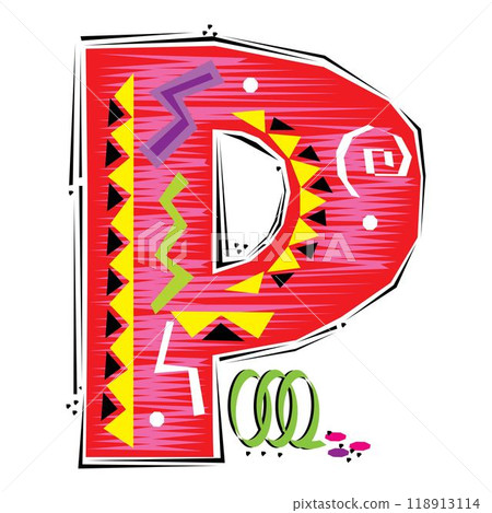 A decorative letter P in a Fiesta style with red, pink lines, and yellow accents A decorative letter P in a Fiesta style with red, pink lines, and yellow accents 118913114