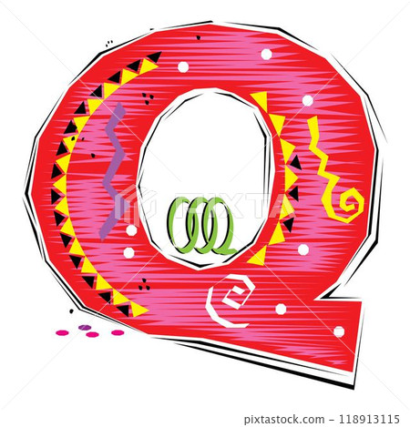 A decorative letter Q in a Fiesta style with red, pink lines, and yellow accents A decorative letter Q in a Fiesta style with red, pink lines, and yellow accents 118913115