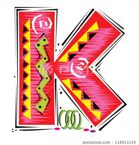 A decorative letter K in a Fiesta style with red, pink lines, and yellow accents A decorative letter K in a Fiesta style with red, pink lines, and yellow accents 118913119