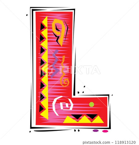 A decorative letter L in a Fiesta style with red, pink lines, and yellow accents A decorative letter L in a Fiesta style with red, pink lines, and yellow accents 118913120