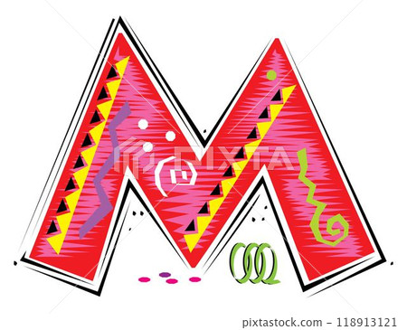 A decorative letter M in a Fiesta style with red, pink lines, and yellow accents A decorative letter M in a Fiesta style with red, pink lines, and yellow accents 118913121