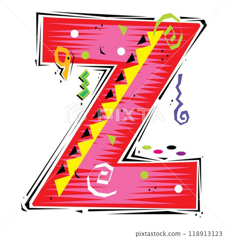 A decorative letter Z in a Fiesta style with red, pink lines, and yellow accents A decorative letter Z in a Fiesta style with red, pink lines, and yellow accents 118913123