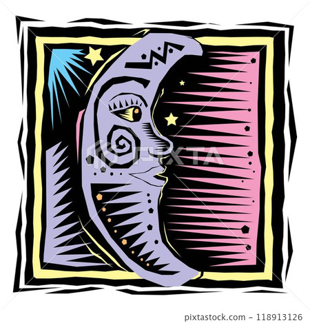 Crescent moon with face in profile Vector illustration in vintage style on black white background 118913126