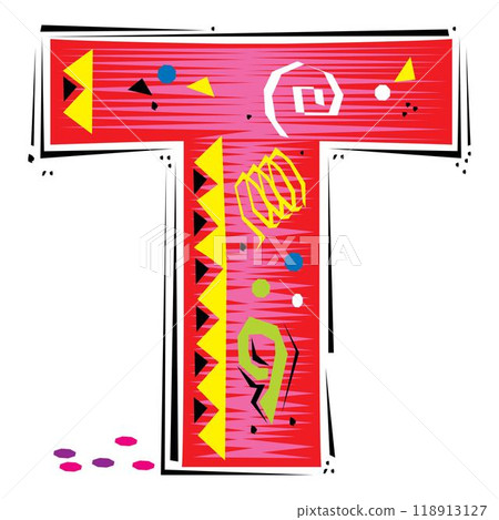 A decorative letter T in a Fiesta style with red, pink lines, and yellow accents A decorative letter T in a Fiesta style with red, pink lines, and yellow accents 118913127