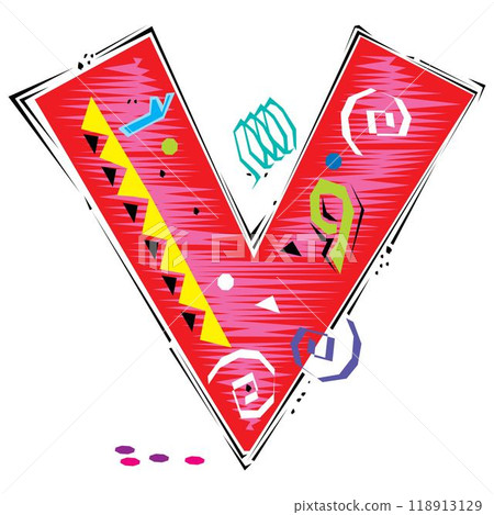 A decorative letter V in a Fiesta style with red, pink lines, and yellow accents A decorative letter V in a Fiesta style with red, pink lines, and yellow accents 118913129