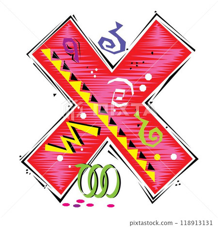 A decorative letter X in a Fiesta style with red, pink lines, and yellow accents A decorative letter X in a Fiesta style with red, pink lines, and yellow accents 118913131