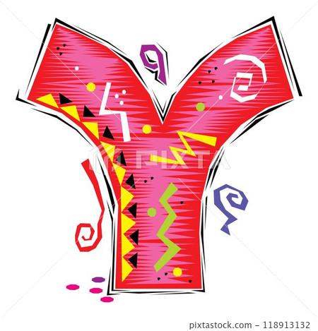 A decorative letter Y in a Fiesta style with red, pink lines, and yellow accents A decorative letter Y in a Fiesta style with red, pink lines, and yellow accents 118913132