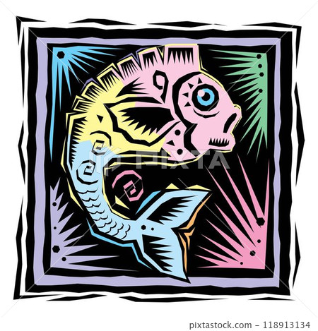 linocut effect, cartoon style, fish, color, white background 118913134
