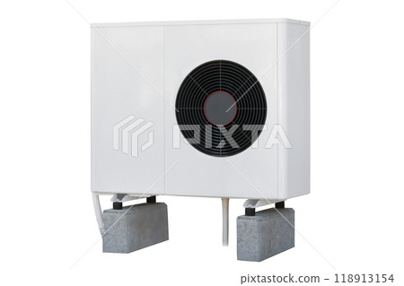 Modern outdoor heat pump unit on concrete base Modern outdoor heat pump unit on concrete base 118913154