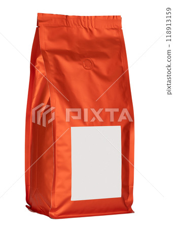 Orange sealed packaging pouch with blank label 118913159