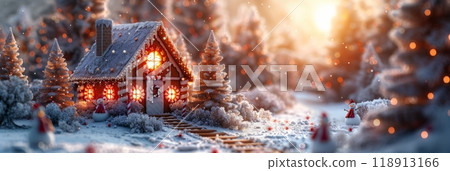 A beautifully crafted Christmas gingerbread house with icing, candy canes, gumdrops, and chocolate tiles, resting in a snowy landscape decorated with festive ornaments, banner 118913166