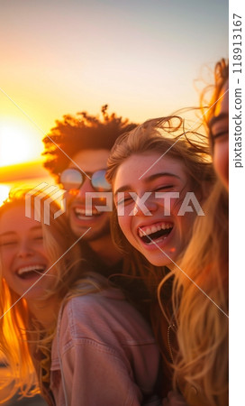 Friends gather on a sandy beach at sunset, radiating happiness and optimism as they enjoy the beauty of the ocean and the bonds of friendship in the golden evening light 118913167