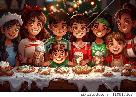 A cute Christmas cookie decorating party with friends, featuring a table covered in frosted cookies, sprinkles, and piping bags, as everyone smiles and enjoys the festive activity 118913168