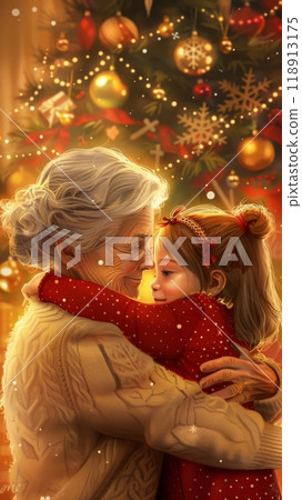 By the cozy fireplace, a loving hug between grandmother and granddaughter is framed by a festive Christmas tree, creating a heartwarming holiday scene 118913175