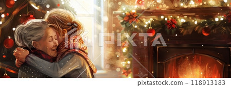 The tender embrace of a grandmother and granddaughter near the fireplace is complemented by a beautifully adorned Christmas tree, enhancing the cozy atmosphere, banner 118913183