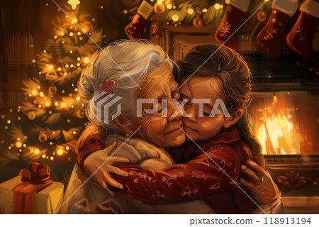 A grandmother and granddaughter share a warm hug by the fireplace, with a beautifully decorated Christmas tree glowing in the background 118913194