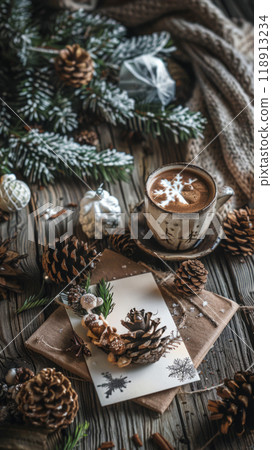 The Christmas card, nestled among natural pine cones and holly, sits on a rustic wooden surface, with a steaming cup of cocoa nearby, creating a warm holiday atmosphere 118913234