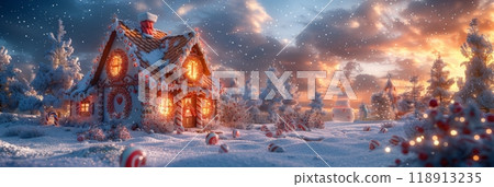 A beautifully crafted Christmas gingerbread house with icing, candy canes, gumdrops, and chocolate tiles, resting in a snowy landscape decorated with festive ornaments, banner 118913235