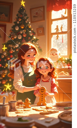Mother and daughter are joyfully baking gingerbread cookies with festive cookie cutters in a cozy, Christmas-decorated kitchen filled with warmth and cheer 118913289