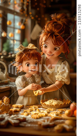 Mother and daughter are joyfully baking gingerbread cookies with festive cookie cutters in a cozy, Christmas-decorated kitchen filled with warmth and cheer 118913298