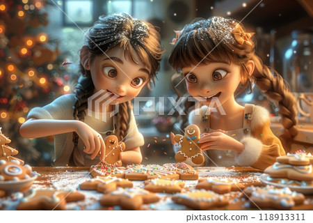 A little girl and her mother roll out dough and use cookie cutters to make gingerbread cookies in a warm, cozy kitchen adorned with Christmas decorations 118913311