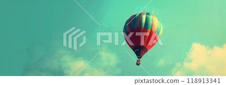 Floating high in a clear blue sky, a colorful hot air balloon offers a bright and tranquil travel experience, perfect for a serene adventure above the clouds, optimism concept, banner 118913341