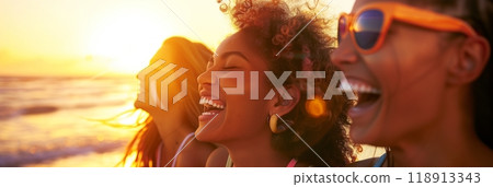 Laughter fills the air as friends share a joyful sunset moment on the beach, their smiles reflecting the warm glow of optimism and togetherness by the sea, banner 118913343