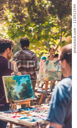 Individuals painting canvases in a lively outdoor art class, surrounded by nature. The session features vibrant colors and artistic collaboration, shared hobby for a group of people, deep connectionse 118913344
