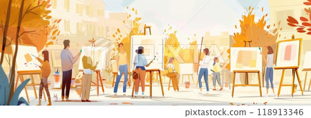 Outdoor art class in action with a group of people painting on canvases. The scene captures the creative process with brushes and vibrant colors, set against a picturesque natural backdrop, banner 118913346