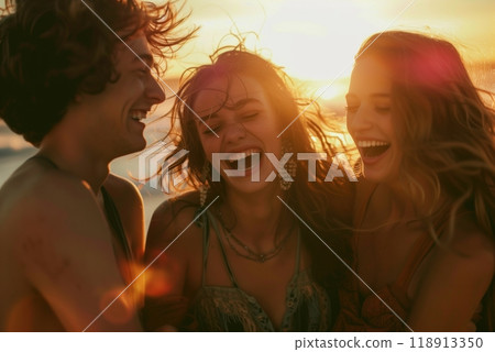 A group of friends laughing together on the beach at sunset, the warm glow of the evening sky reflecting the joy and optimism shared in their carefree moments 118913350